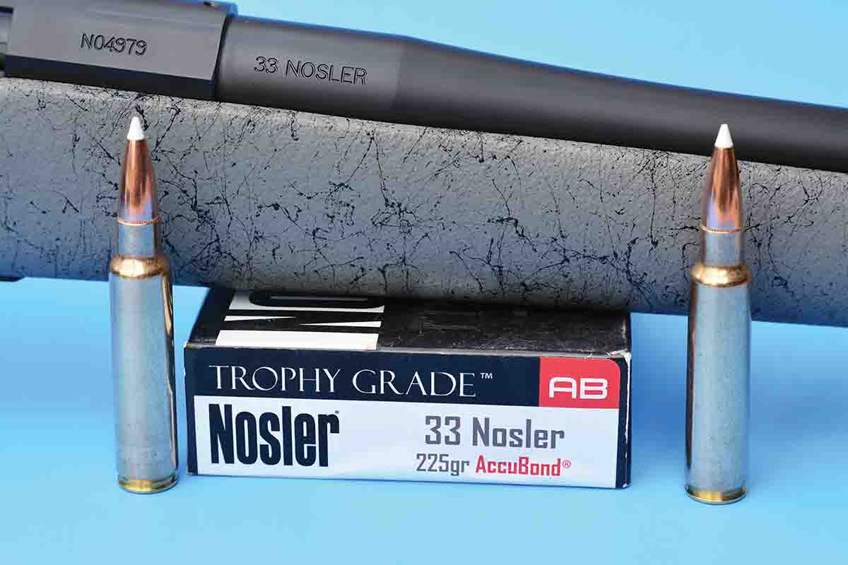 The .33 Nosler offers outstanding performance on large, heavy, thin-skinned game such as grizzlies, moose and African plains game. It offers a remarkably flat trajectory at long range.